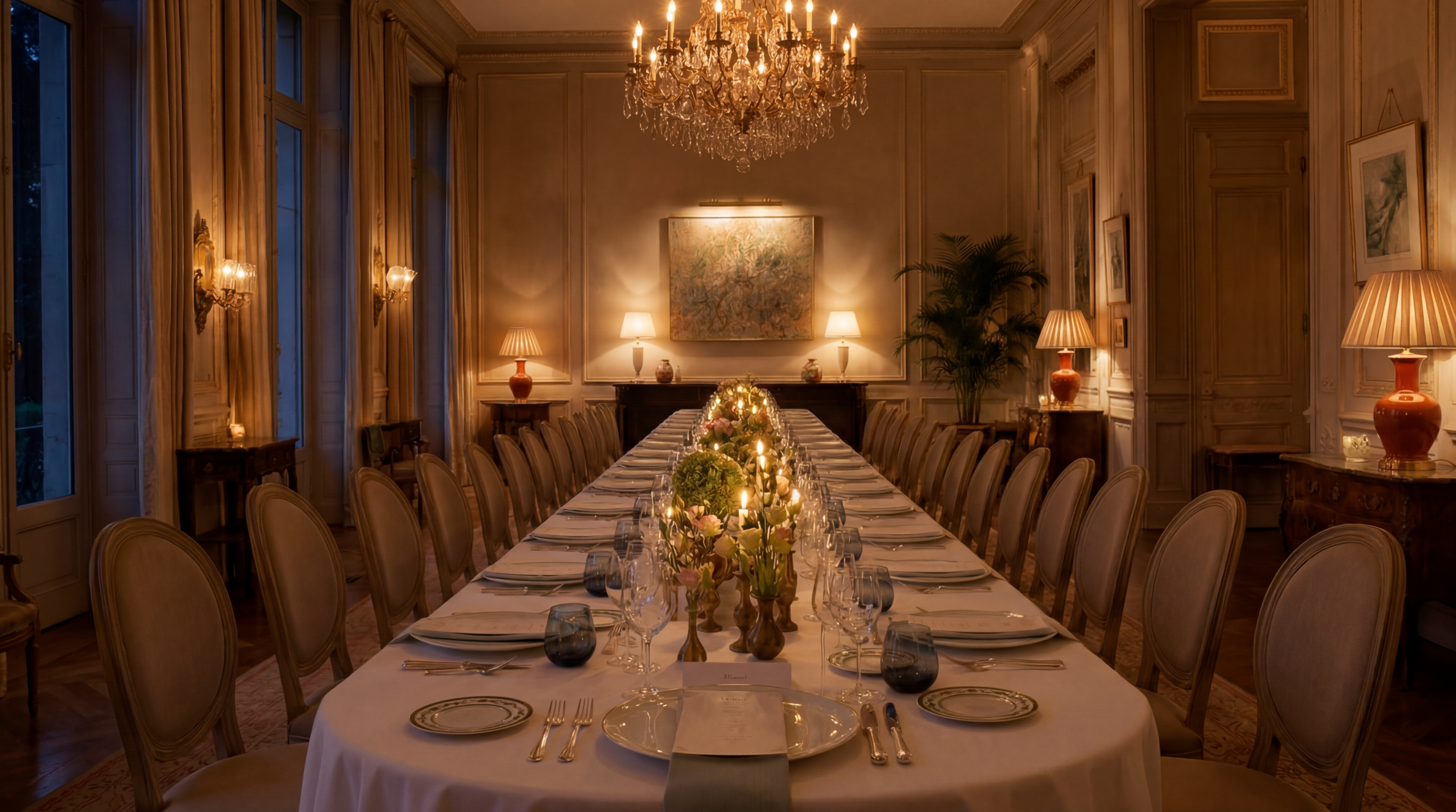 An elegant fireside dinner set by a Pr&eacute;mices private chef in a Val Thorens ski-in chalet