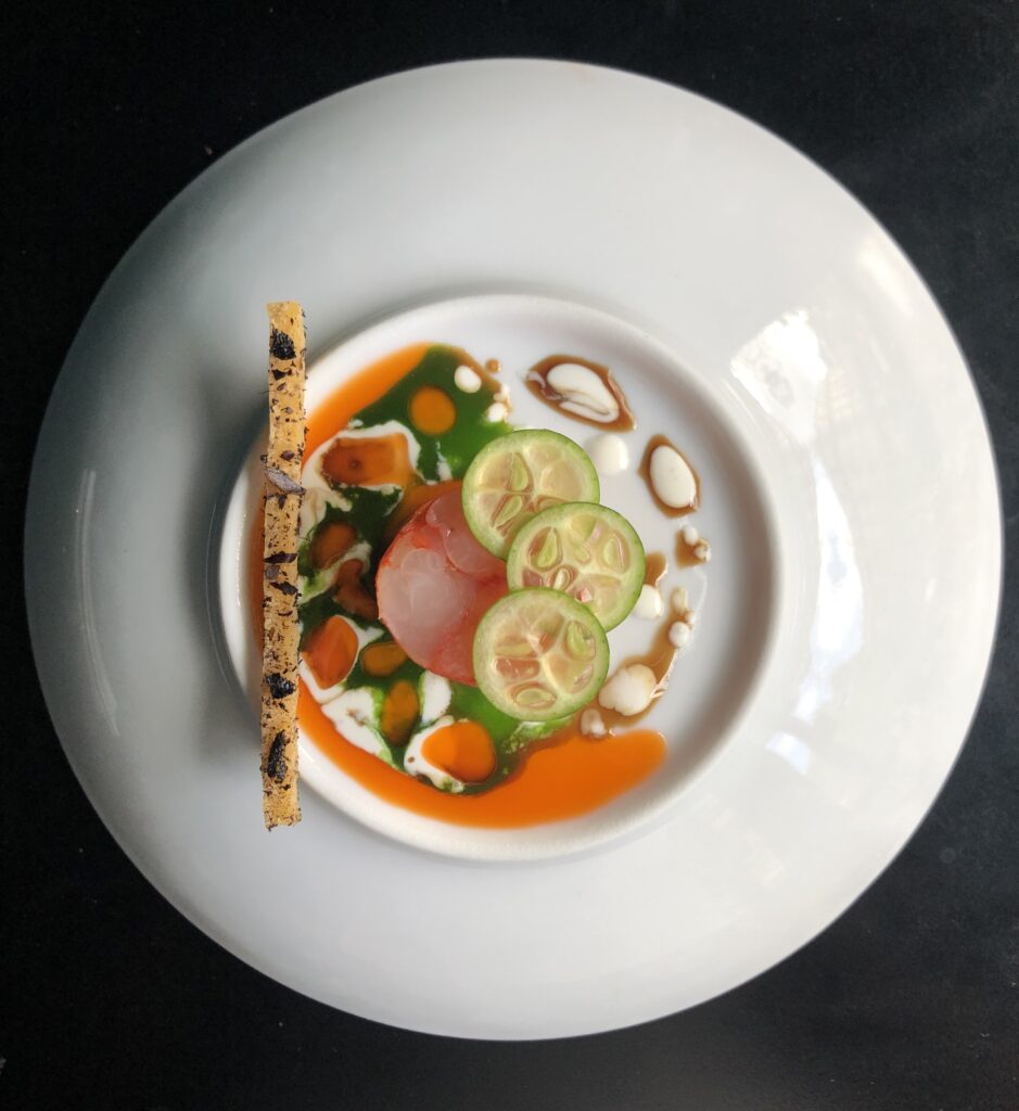 Langoustine et agrumes, dressage gastronomique