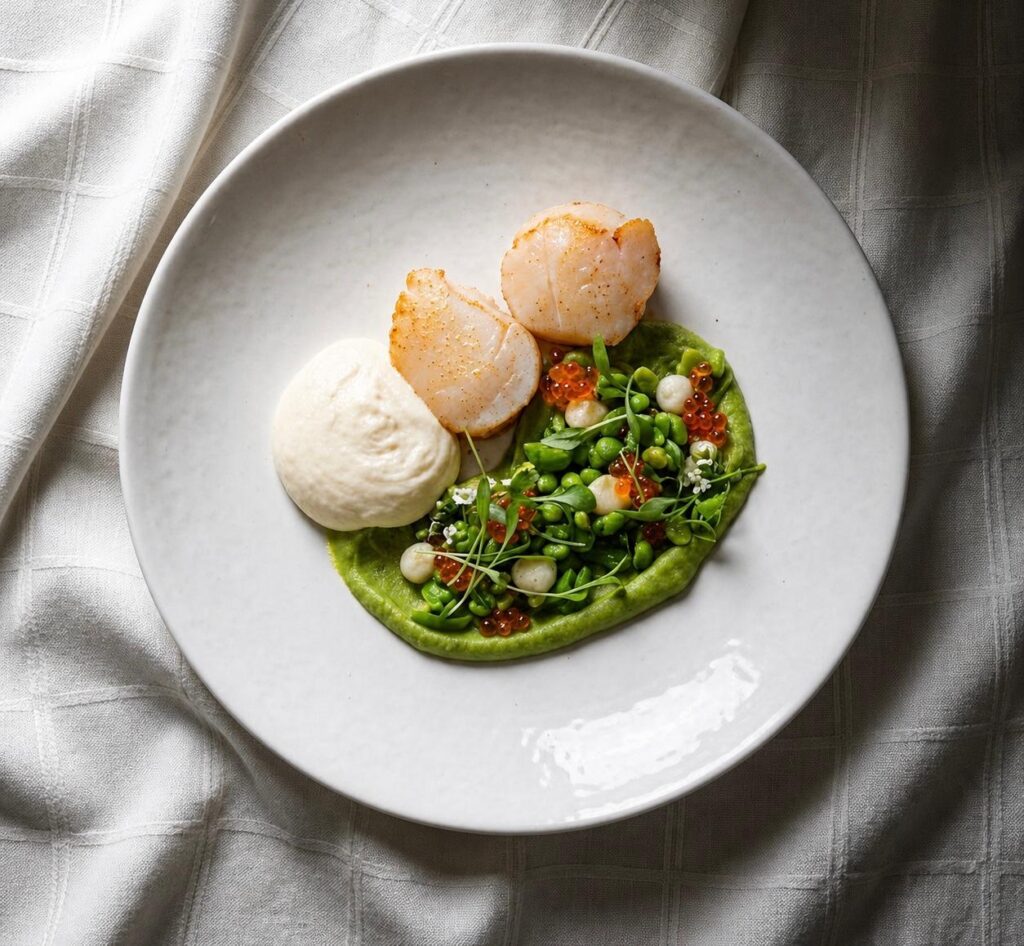 Noix de Saint-Jacques snackées, purée de petits pois et œufs de truite